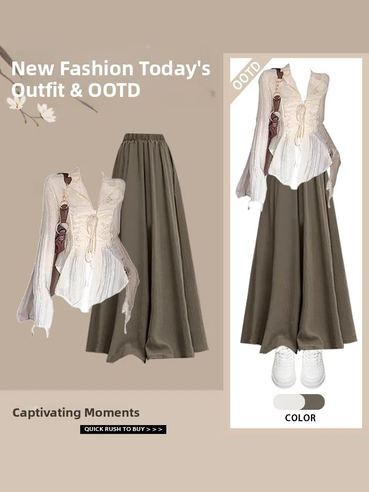 

Женский модный комплект: шифоновые брюки с V-образным вырезом, завязками, высокой талией, широкими штанинами и защитой от солнца, весенняя новинка