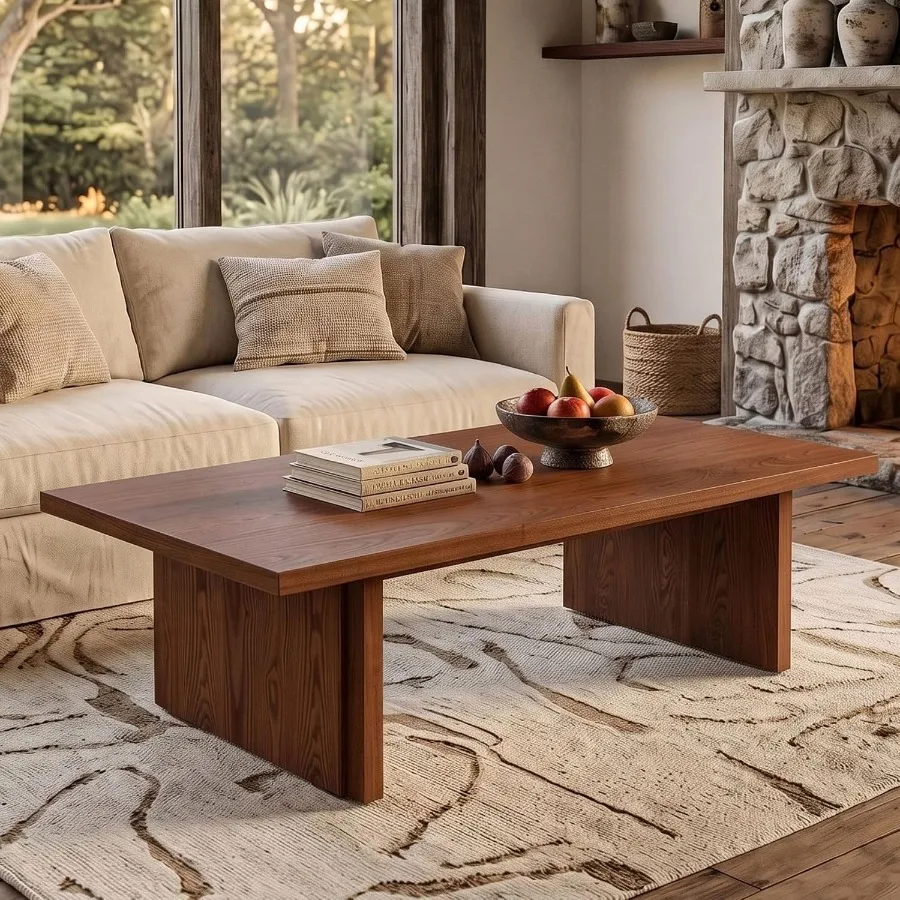 Wood Coffee Table, 55 Modern Rectangular Center Table for Living Room, Natural Wood Tone, Sturdy Solid Wood Construction