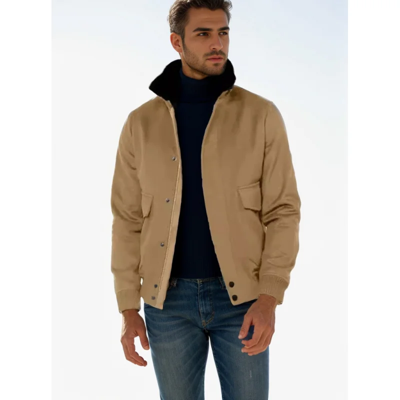 Chaqueta de lana con cuello de costura de felpa para hombre, cárdigan informal, primavera y otoño, 2024