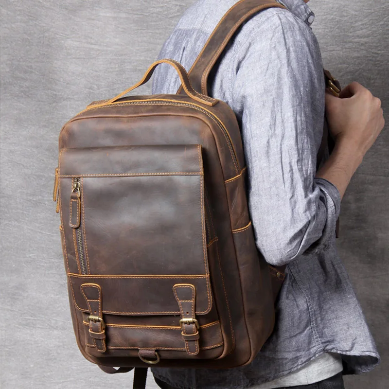 Crazy Horse Leather Backpack Men Brown Unisex Cow Leather 14\