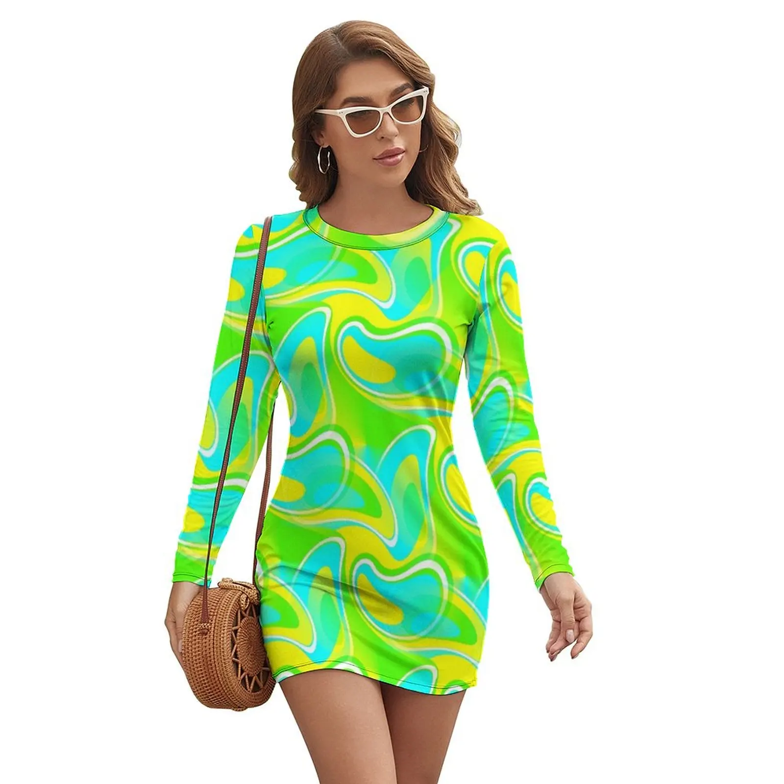 

Feeling Groovy - 60's Mod Paisley Abstract in Green, Blue and Yellow Long-sleeved Dress Dresses