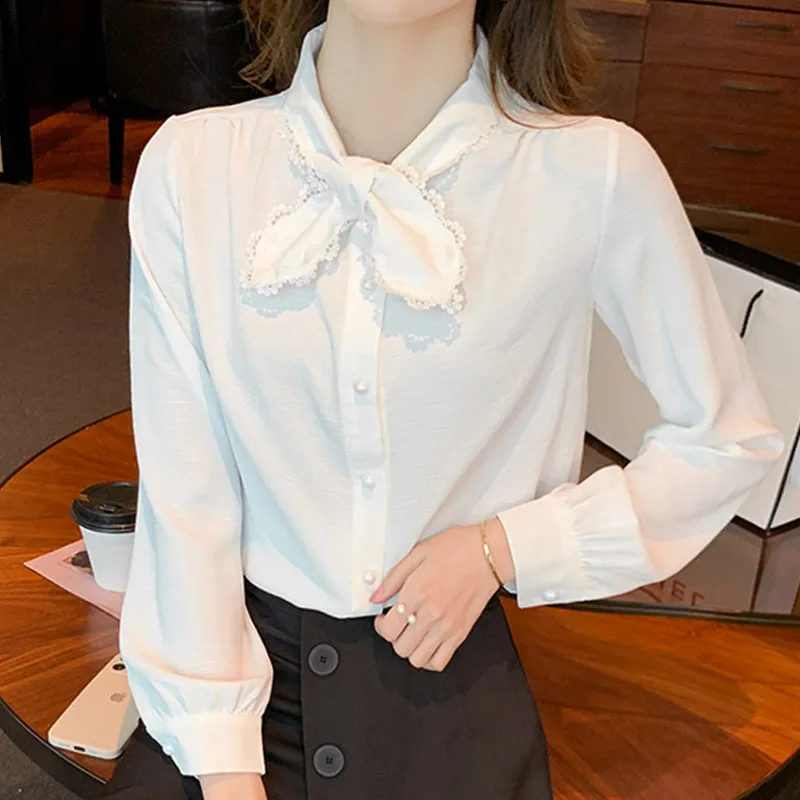 Chemise à manches longues en mousseline de soie pour femmes, chemisier de bureau, col en V, blanc, F529