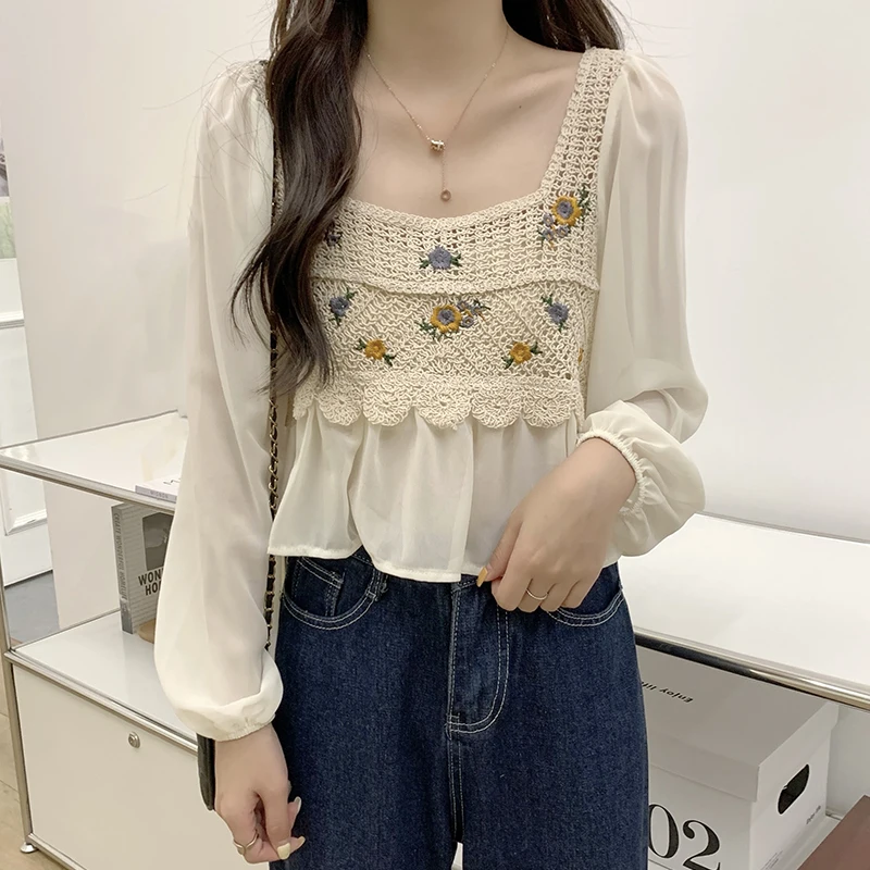 Crochet Top with Chiffon Flower Embroidery Long Sleeve Square-neck Fake Two-Piece Blouse Spring Summer Fairycore Cottagecore