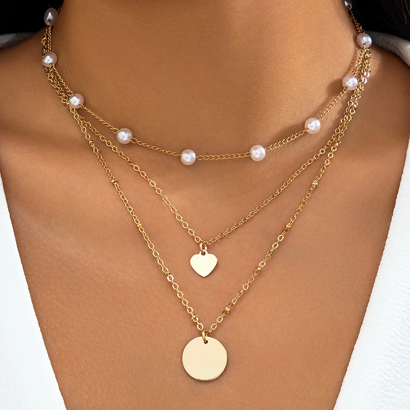 Vintage Boho Multilayer Gold Color Sheet Heart Pendant Necklace Pearl Chain For Women Men Valentine's Jewelry Gift X0207