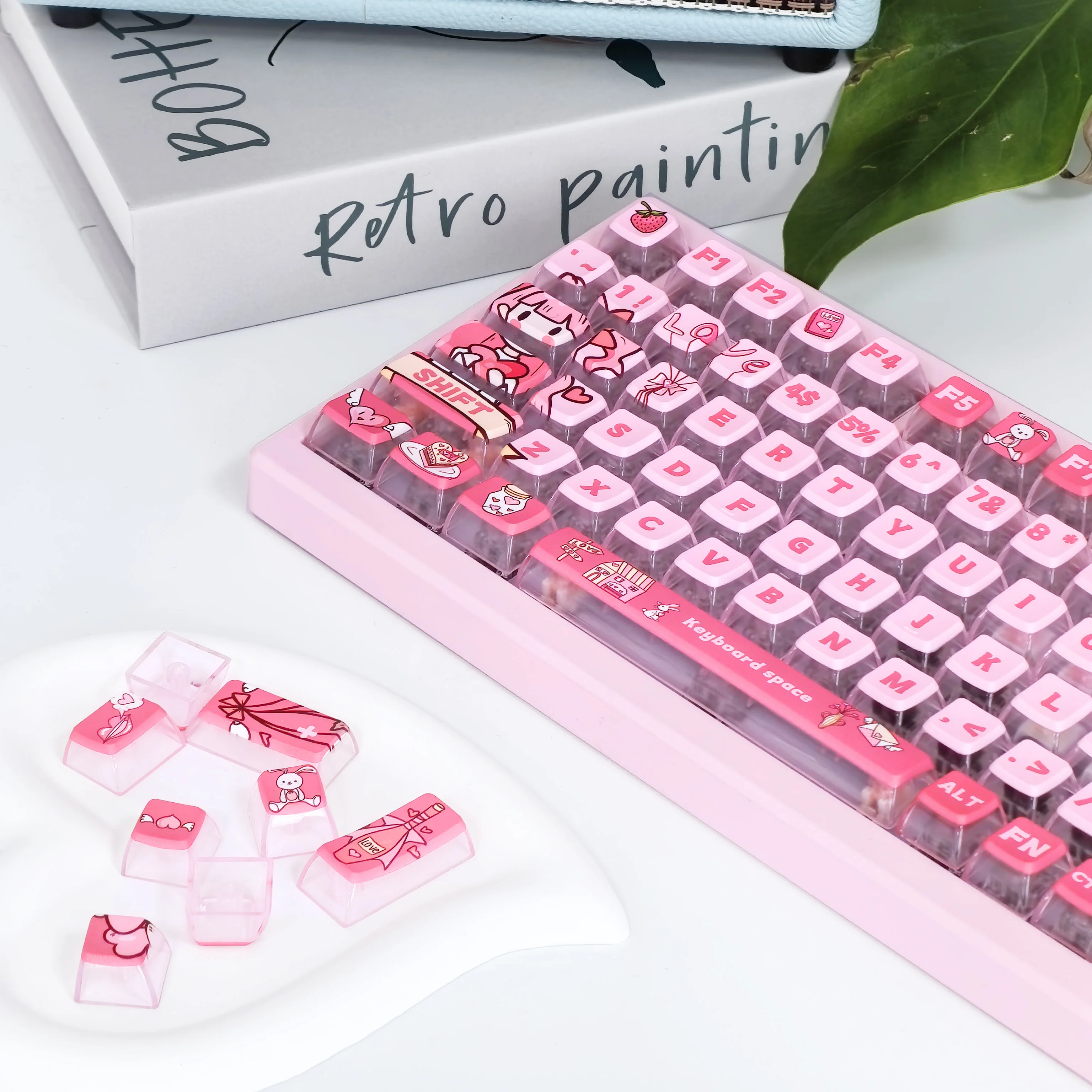 Pudding Keycap Cute Pink Cartoon  Love Daily Theme Kawaii Keycap Pbt+Pc ASA Height 117Keys Ansi Layout Light-Transmitting Keycap