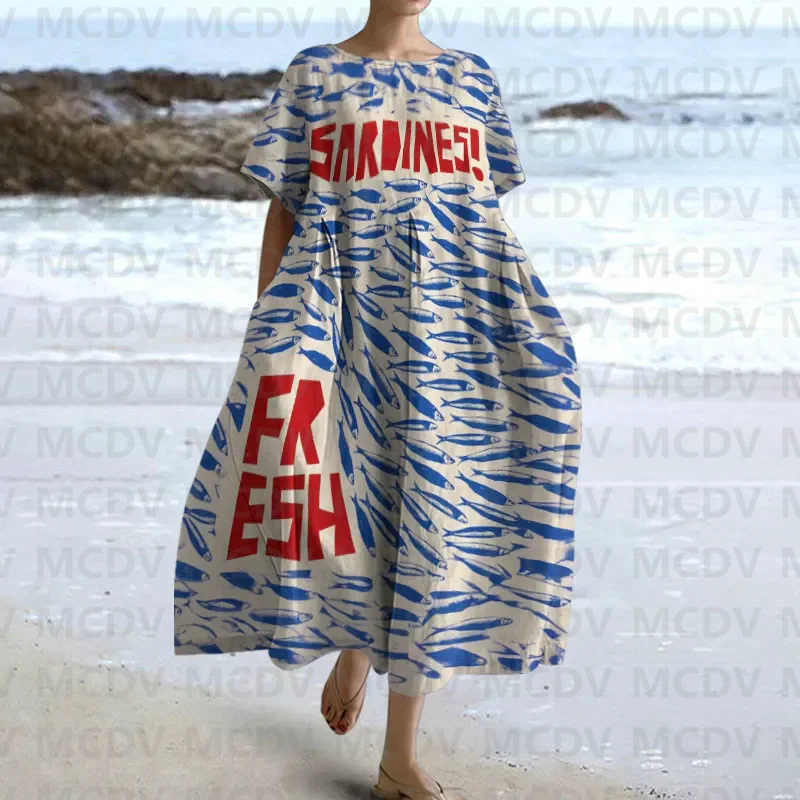 

Женское Повседневное платье миди с японским винтажным принтом рыбы