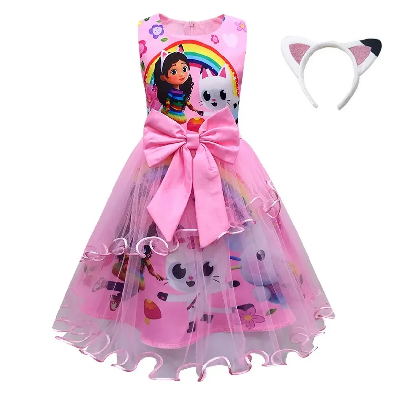 Girls Dress Summer New Short Sleeve gabby's dollhouse Princess Gabby Cat Mesh Tutu Skirt Children's Birthday Party Cosplay Dress