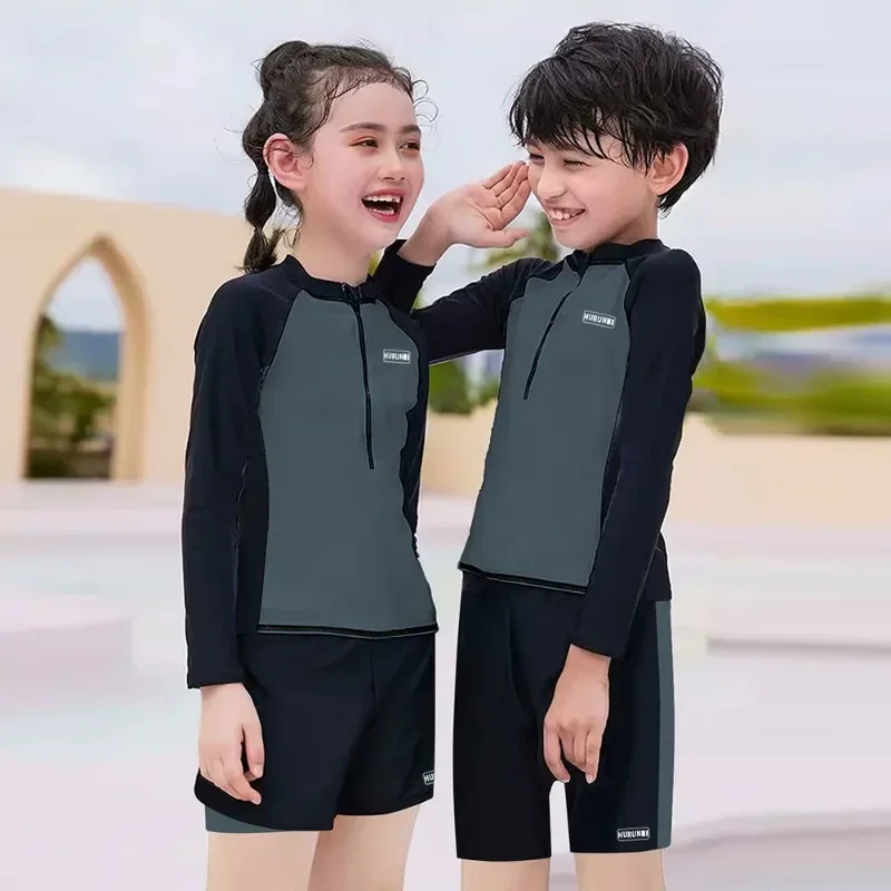 4-16Y Children's Swimsuit Boys Girls Two-piece Wetsuit Long Sleeved Children's Beach Wear Quick-drying Swimwear