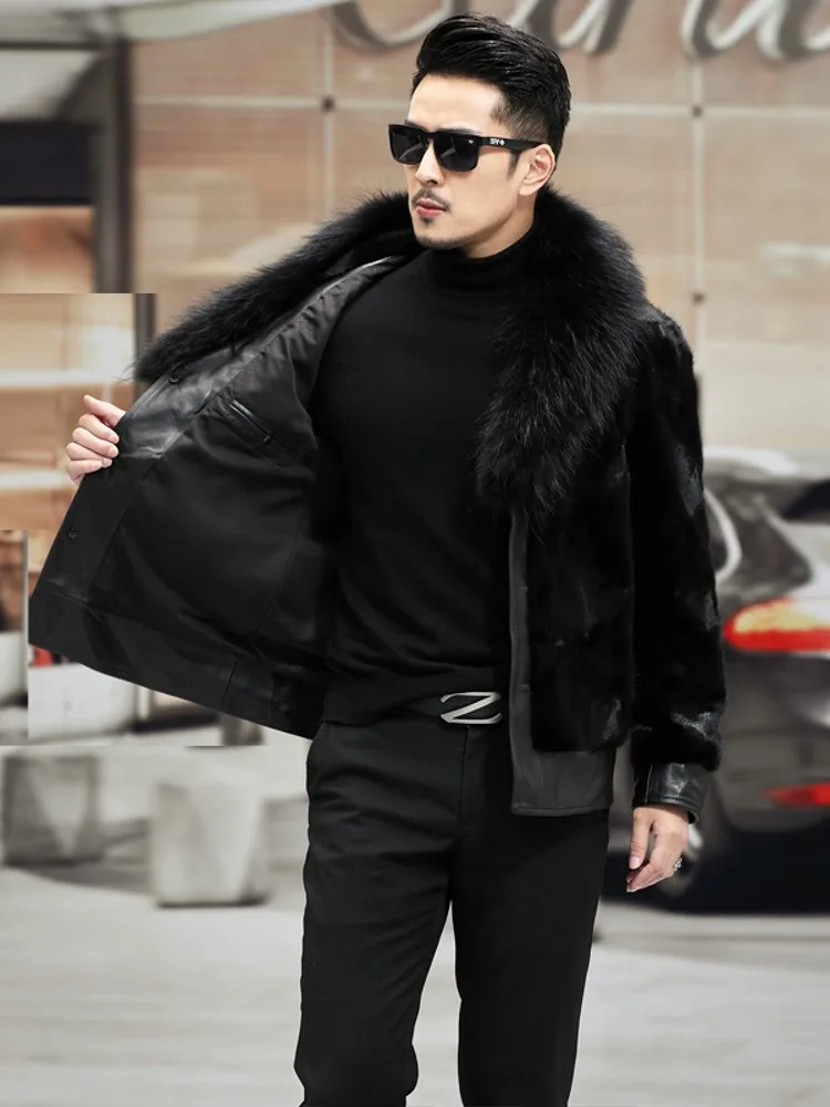 Business Man Winter Party Raccoon Fur Collar Outwear Coat Luxury Real Mink Fur Jacket Leather Patchwork Male Natural Fur Jacket