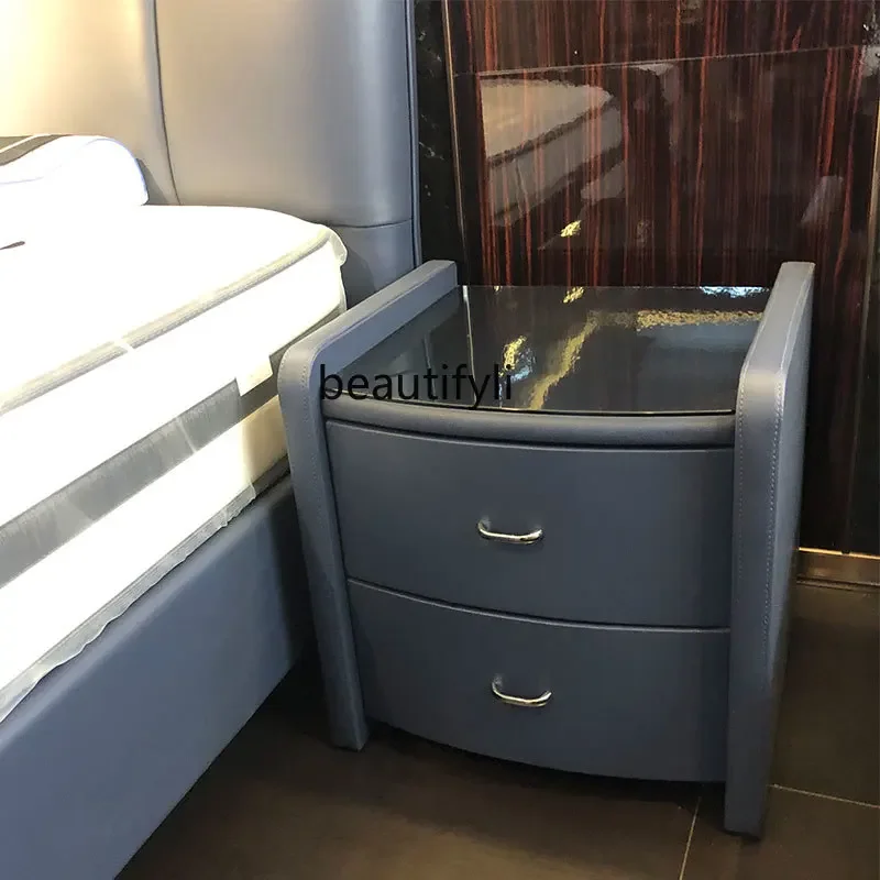 

Bedside Table Modern Bedside Cabinet Leather Dark Blue Tempered Glass Storage Cabinet