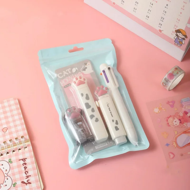 Cute Student Stationery Set Sweet Cartoon Cat Paw Correction Tape Glue Tape Eraser Gel Pen Cutter Box Set School Supplies