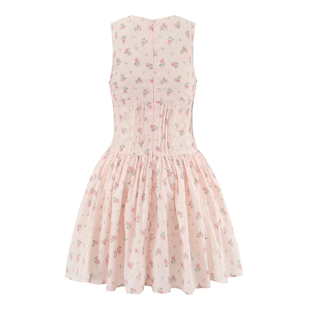 Sweet retro floral pure desire V-neck lace hollow waist mini dress