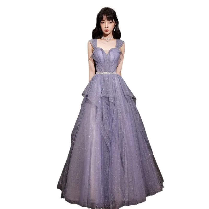 2025 Neues Damen-Sommerkleid mit lila Trägern und Glitzer, elegantes Bankett-Abendkleid, modischer Look, dünn, normales Tragen, langes Netzkleid