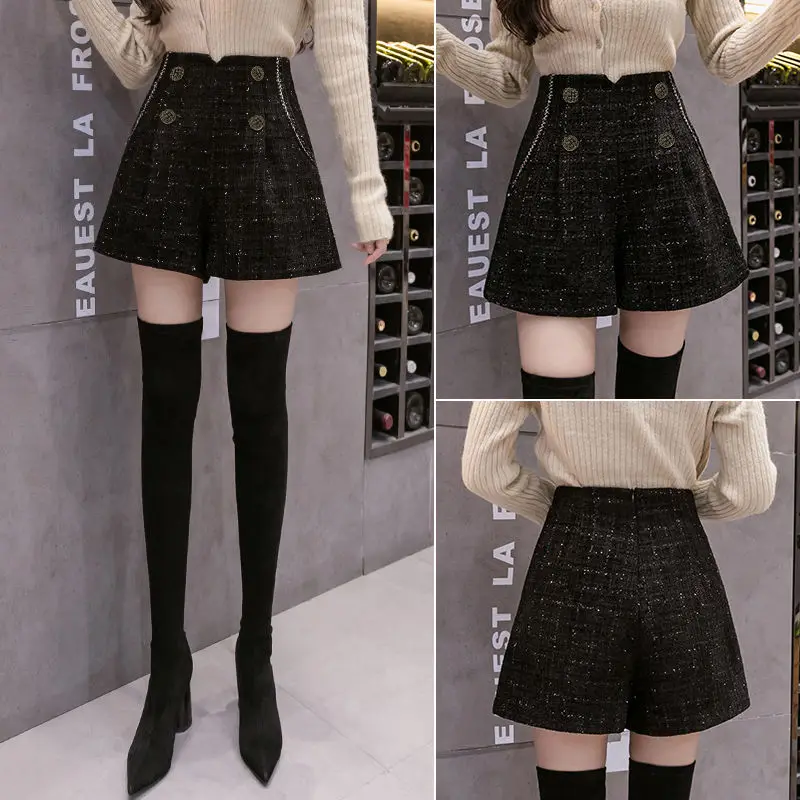 Ladies High Wasited Lattice Woolen Shorts Women Clothes Girls Casual Cute Booty Shorts Female Outerwear Bootcut LX551