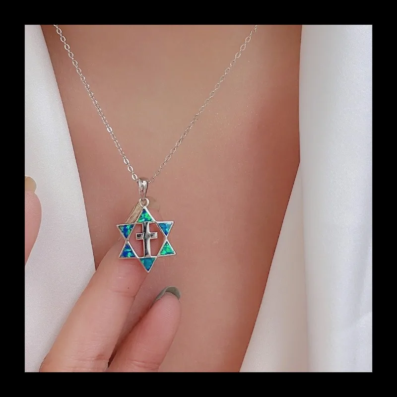 الأزرق أوبال S925 الفضة السداسية الصليب قلادة الأزياء والمجوهرات الاتجاه تنوعا #4