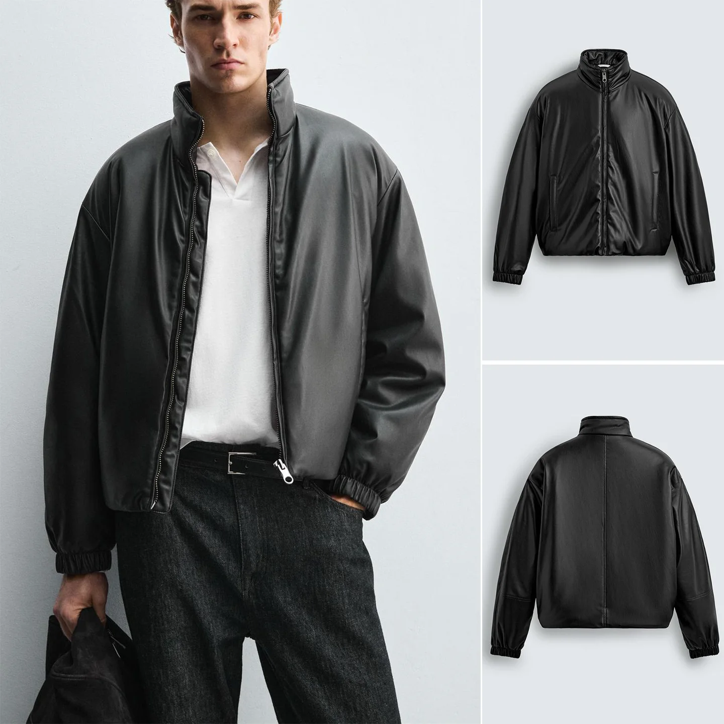 

Winter New Men's Casual Sle Loose PU Leather Cotton Jaet Zipper Coat Polyester Fiber Warm Long Sve Stand Collar Jaet