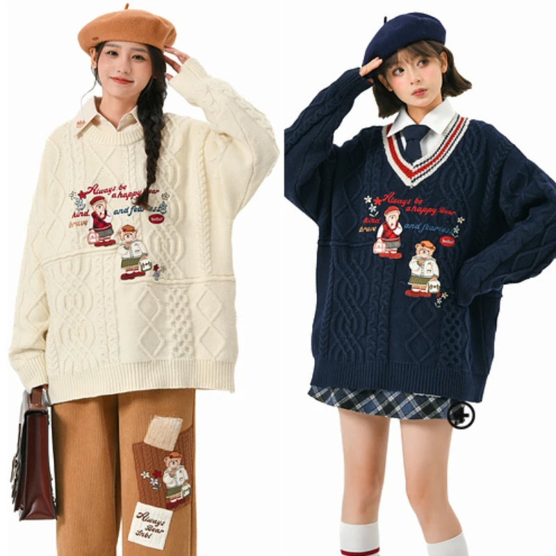 Harajuku Lolita maglione lavorato a maglia JK donne giapponesi stile preppy orso cartone animato ricamo pullover autunno inverno maglieria Y2k top