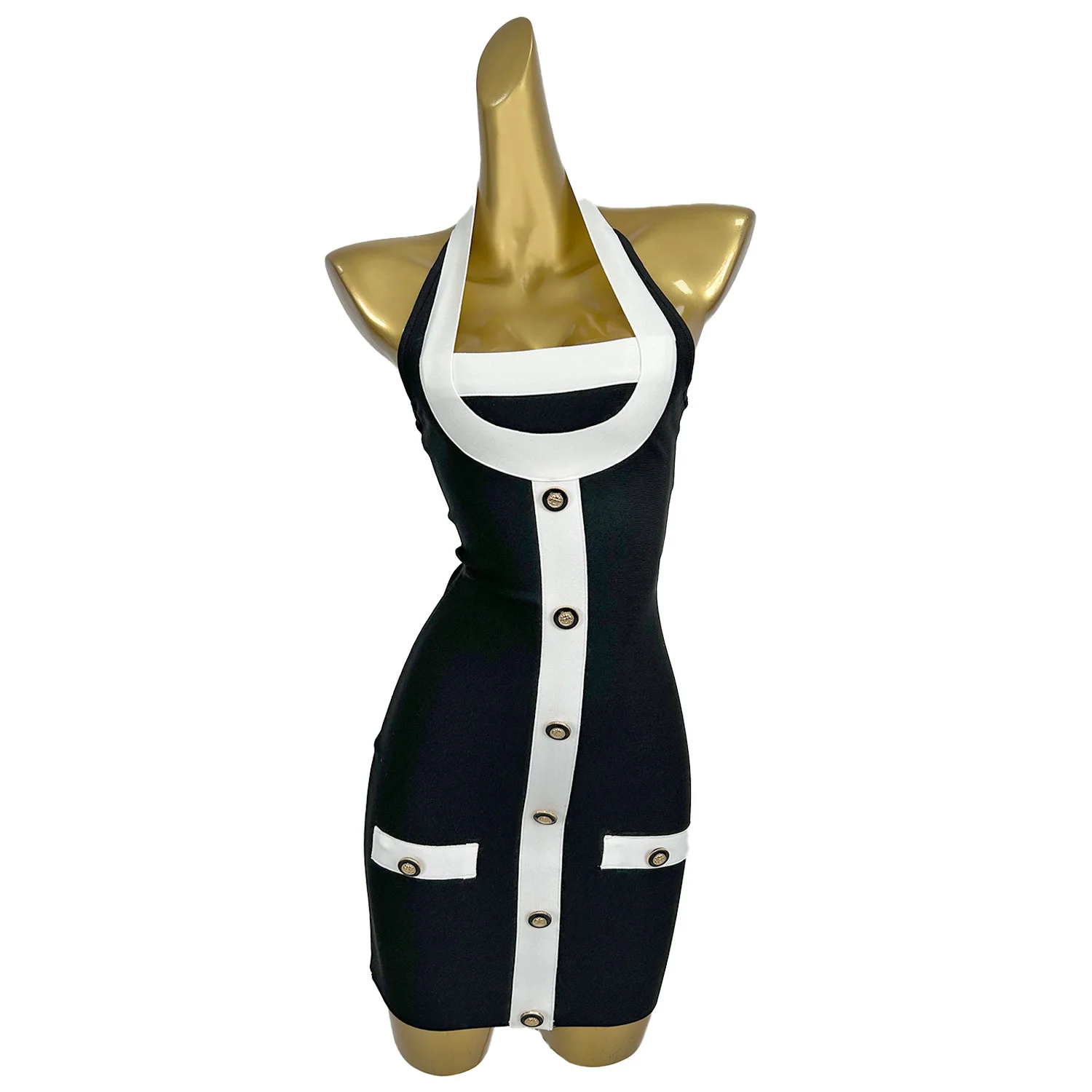 

Fashion Neck Hanging Dress Black White Contrasting Backless Short Skirt Nightclub Club Festival Party Red Carpet Dress KH706