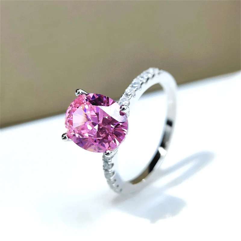 1pc 3 Carat S925 Silver Pink Synthetic Zircon Pigeon Egg Shaped Straight Set Ring, Cost-effective, Very Suitable for Daily Wear.