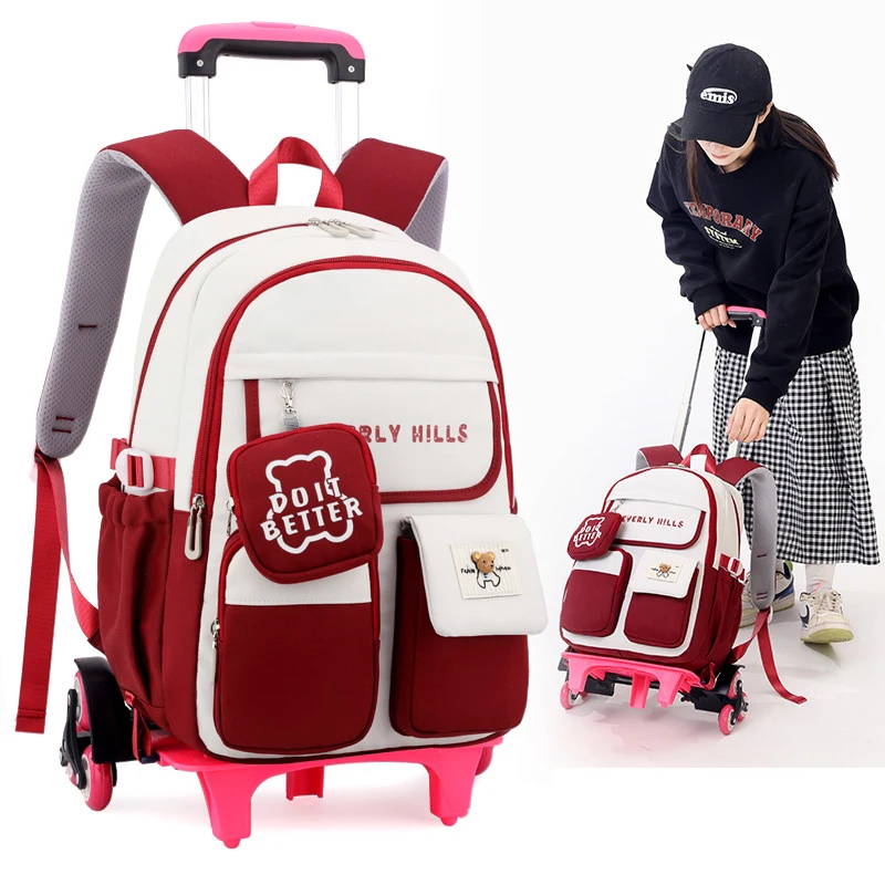 Rolling Wheeled Backpack Book Bag Children School Backpack with Wheels Students School Bags for Girls Trolley Bag Cute Schoolbag