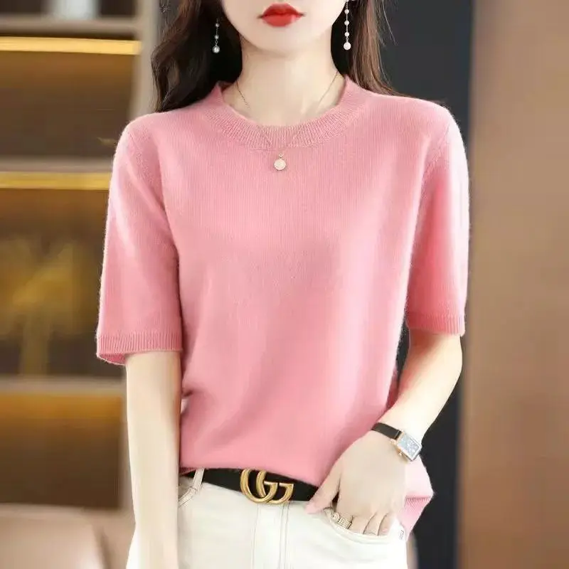 Women Clothing Elegant Fashion O-neck Half Sleeve T-shirts Spring Summer Casual All-match Solid Undershirt Office Lady Knit Tops