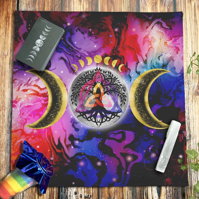 Triple Moon Phase Tarot Tablecloth Velvet Starry Night Galaxy Altar Cloth Celtic Knots Tree Of Life Witchcraft Oracle Card Pads