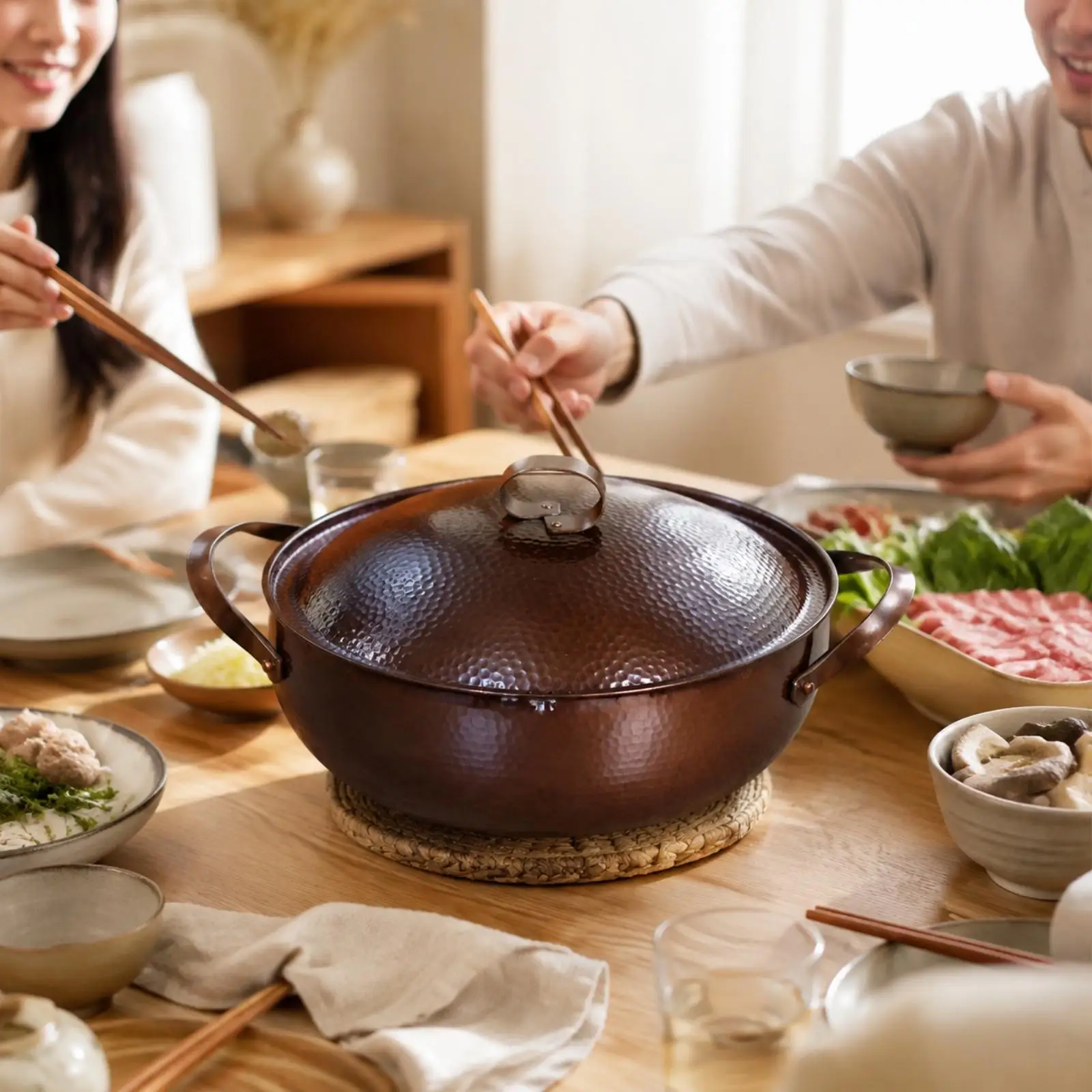 Reflective Copper Cookware Pot with Lid for Hot Pot Boiling Stew Camping Trip Outdoor Tabletop Meal