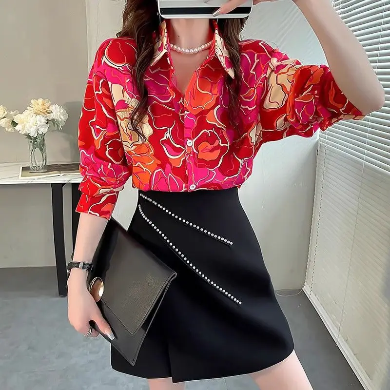 Red Printed Shirt Women's Spring Autumn Long Sleeved Blouse Chiffon Fashionable Temperament Top