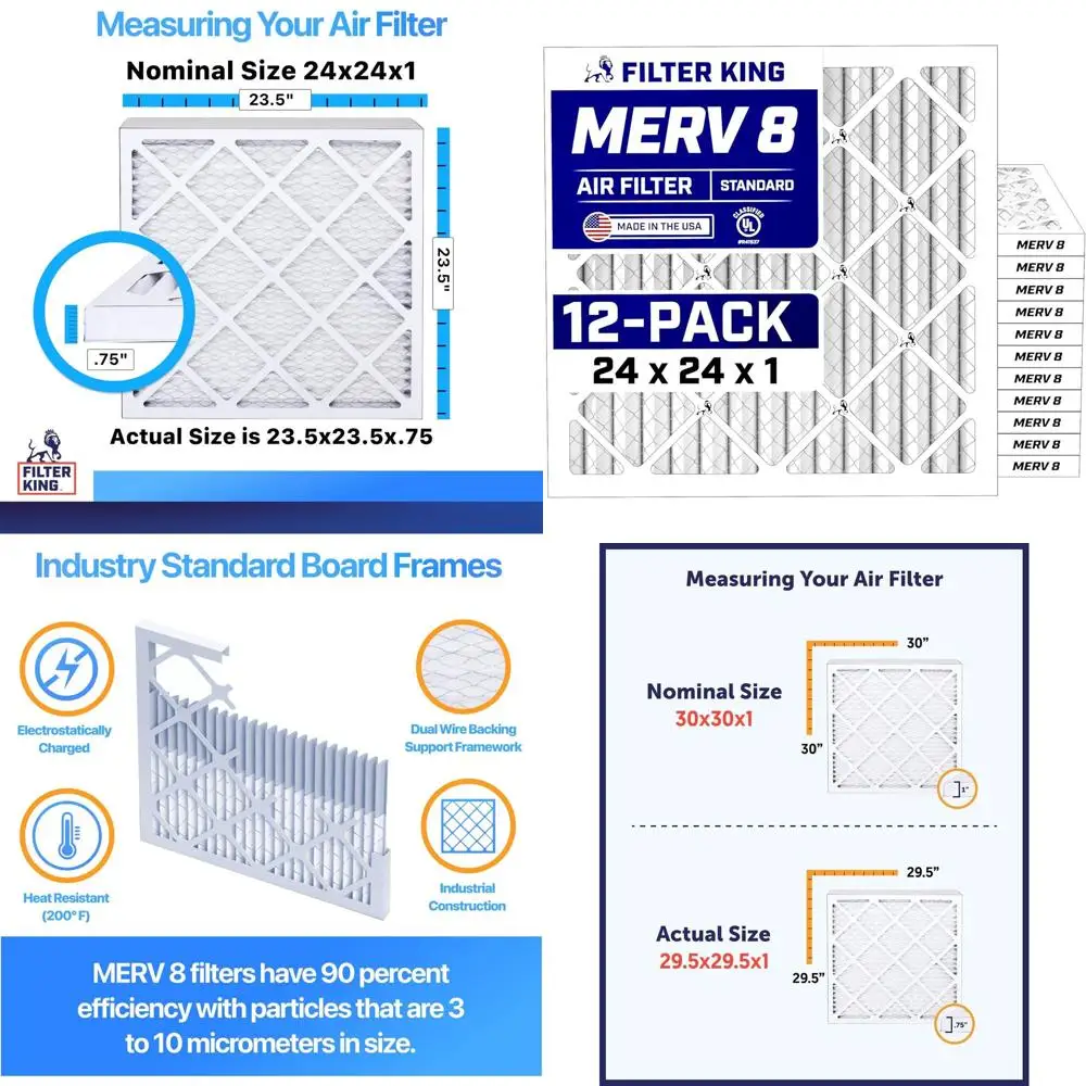

24x24x1 MERV 8 Air Filter, 12-Pack, Dust & Allergy Control, USA Made, HVAC Pleated, Electrostatic (Actual Size: 23.5 x 23.5 x 0.