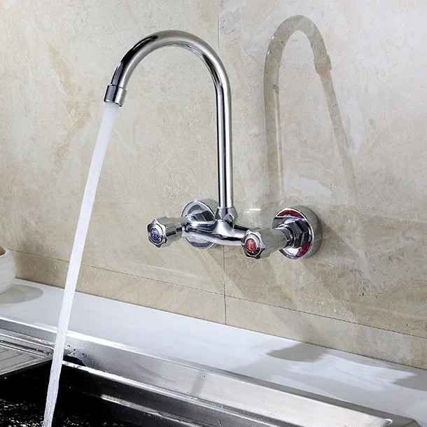 Brass Kitchen Sink Faucet Wall-Mounted Cold and Hot Water Mixer Faucets 360° Rotatable Dual Handle Kitchen Splashproof Faucet