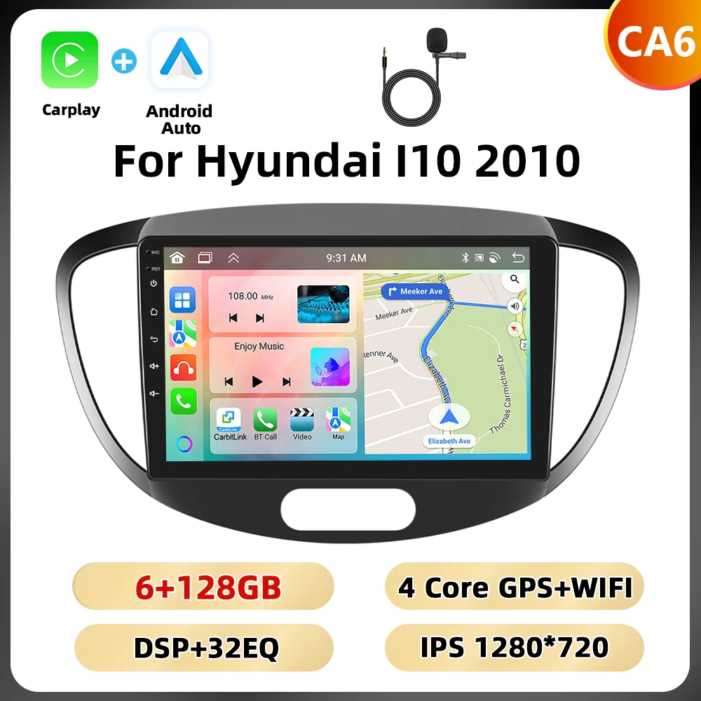 Podofo 8 + 128G 9 ''Autoradio Voor Hyundai I10 2010 Multimedia Speler Android Auto Carplay 8Core spiegel Link Bluetooth WIFI 4G RDS