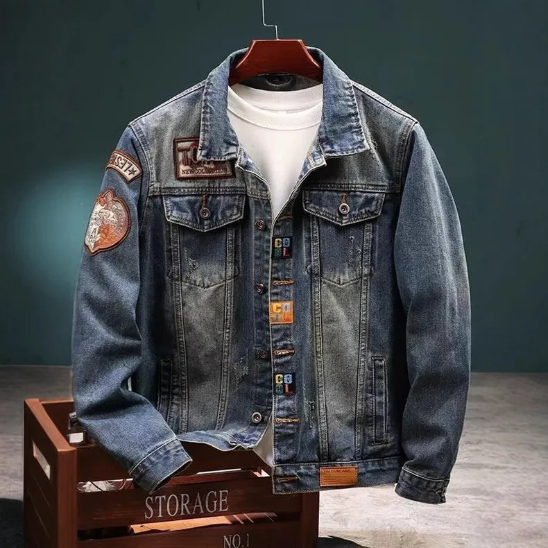 

American Vintage Denim Jacket for Men, Heavyweight Workwear Trucker Jacket with Embroidery