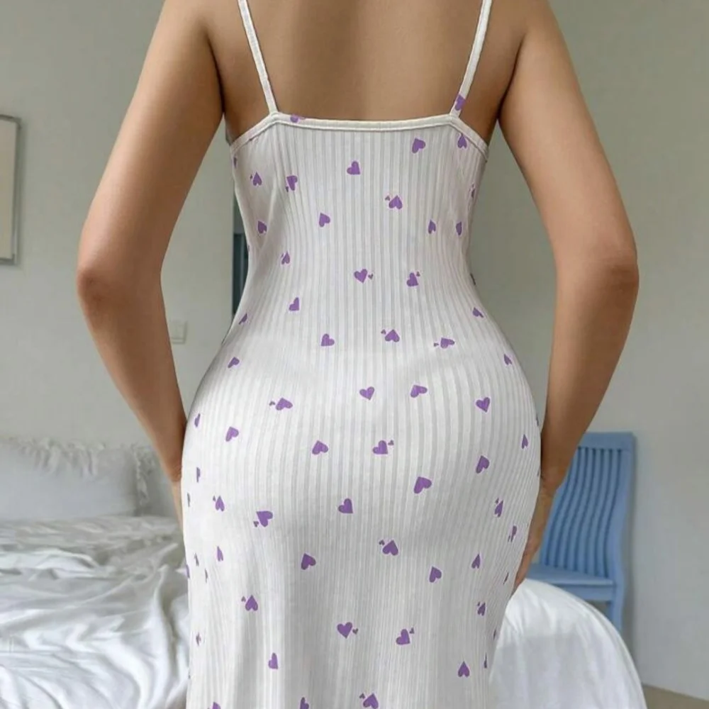 

Bow Nightdress Sexy Sleeveless Nightdress Heart Print Sleep Dress Comfortable Lace Trim Night Gown For Lingerie Gift Sleep