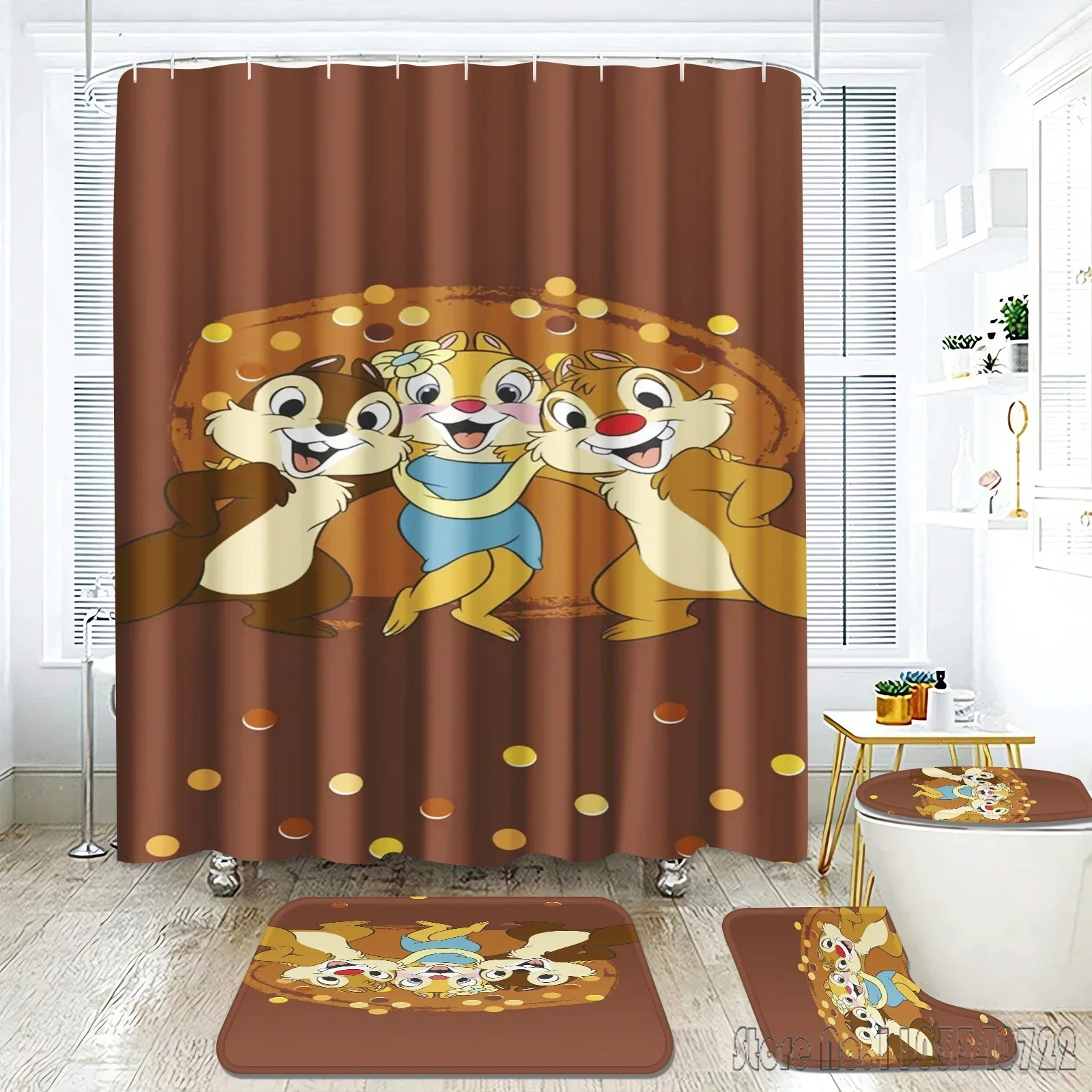 Anime Chichiditi Chipmunk Cartoon Bath Shower Curtain Set 4pcs with Hooks Waterproof Bathroom Toilet Mat Lid Decor Kids Gift