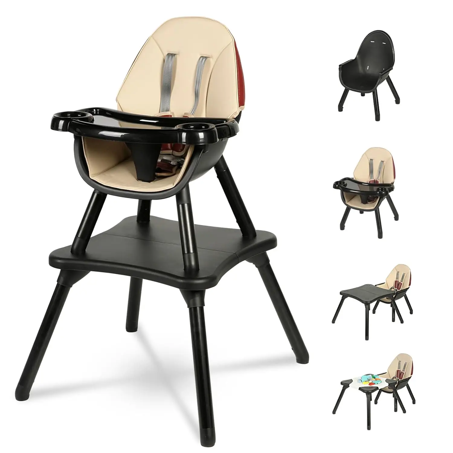 

6 in 1 Convertible Baby High Chair, Booster Seat, Table & Chair Set, 5-Point Harness, 4-Position Tray, PU Cushion