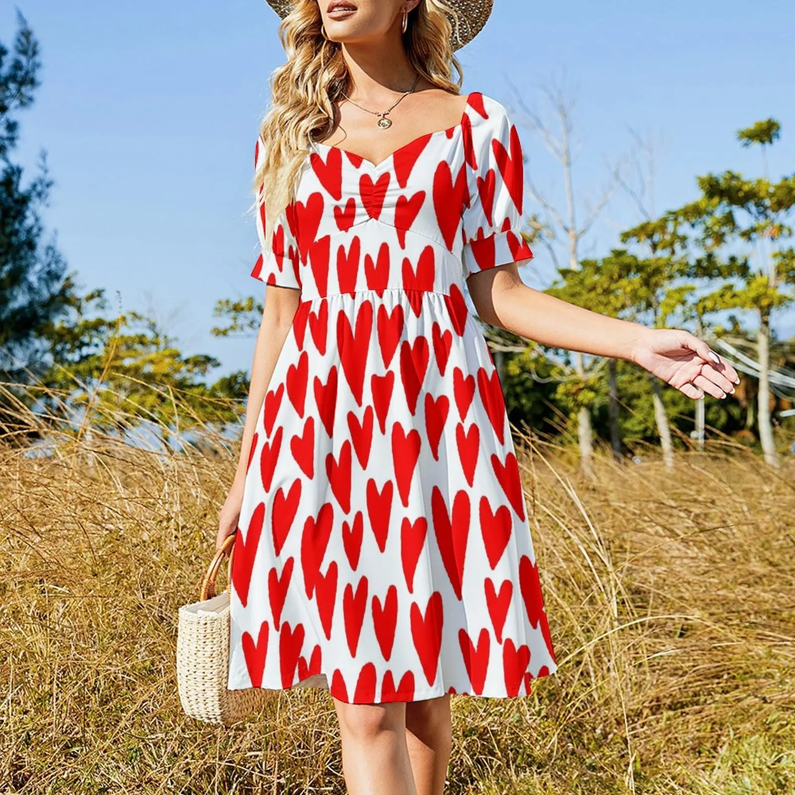 Hearts red and white love valentines day heart pattern minimal Short Sleeved Dress Women dresses summer prom clothes Dress