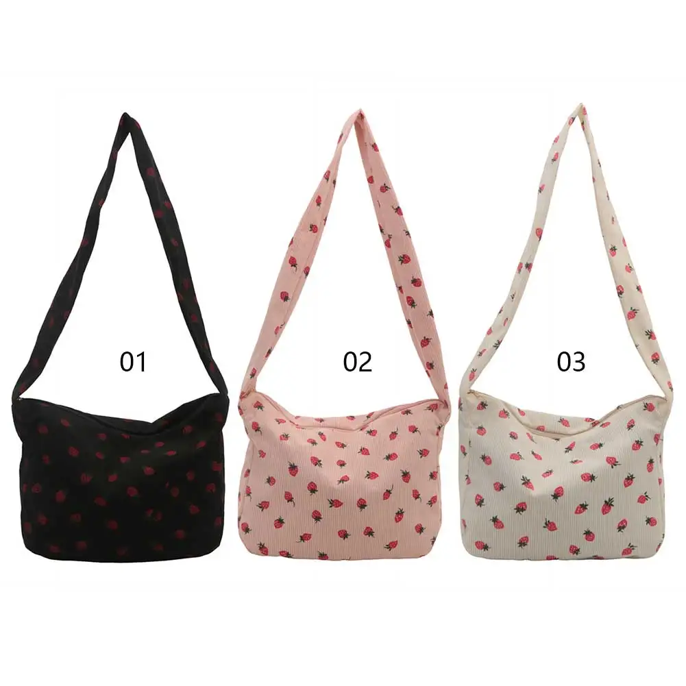 

Women Corduroy Tote Bag Cute Strawberry Hobo Purse with Zipper Shoulder Bag Satchel Bag for Shopping Dating