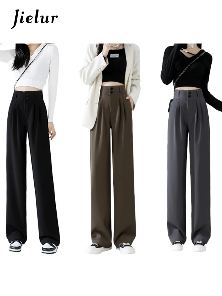 Jielur High Waist Wide Leg Pants for Women New Loose Straight Coffee Trousers Autumn Double Buttons Casual Suit Pants Female