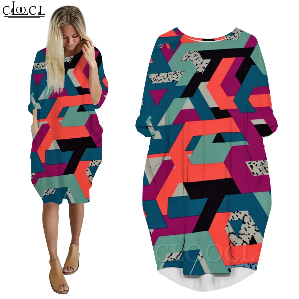 CLOOCL Dresses Women Party Gown Colorful Abstract Geometric Lines Print Dress Loose Long Sleeve Over The Knee Dress Women Y2K