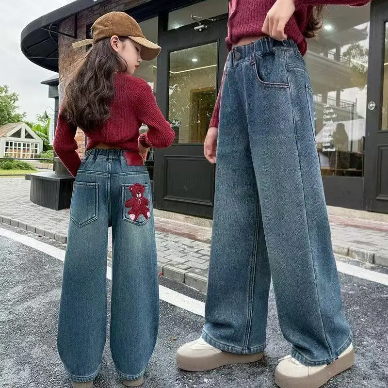 Spring Autumn Style Children Loose Straight Jeans With Bear Embroidery for Teenage Girls Casual Denim Pants Kids Trousers 4-14Y