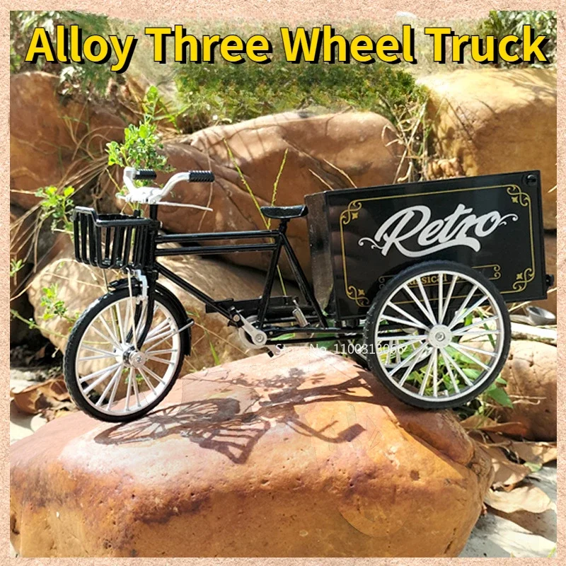 

1/10 Alloy Three Wheel Truck Metal Diecasts Retro Vehicle Model The Front of The Car Can Swing Tricycle for Child Birthday Gifts