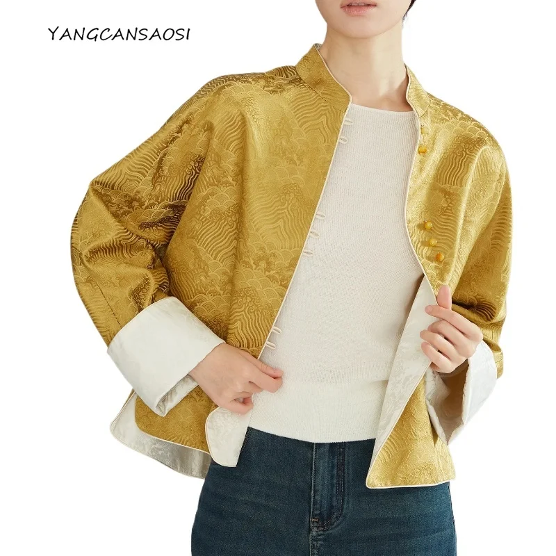 

Wave Patterned 100% Natural Mulberry Silk Jacquard New Chinese Stand Up Collar Women's Fashionable Long Sleeves Cardigan