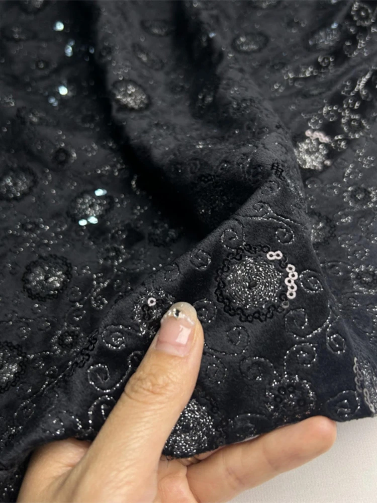 Black Velour Fabric Embroidered Sequin Fashion Autumn Winter Clothing Jacket Dress Set Warm Fabrics Polyester Material Cloth