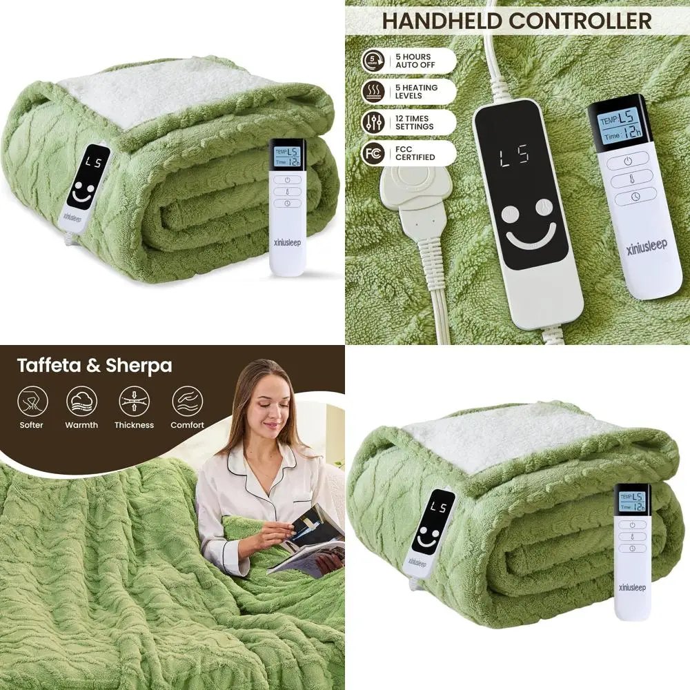 

62x84 Sherpa Electric Blanket with 5 Heat Settings & 1-12 Hour Auto-Off, Sage Green, Overheat Protection & Washable