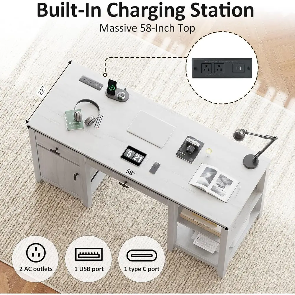 White Large Writing Desk with Adjustable Keyboard Tray, Drawers, and Magazine Rack for Home Office and Study