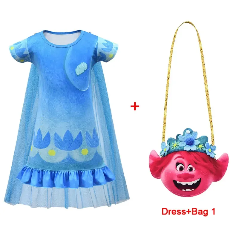 Trolls 2 Costume For Girl Dress Summer Halloween Kid Poppy Lace Princess Party Frock Child Up Disguise Cosplay Tunic Cloth Wig 8