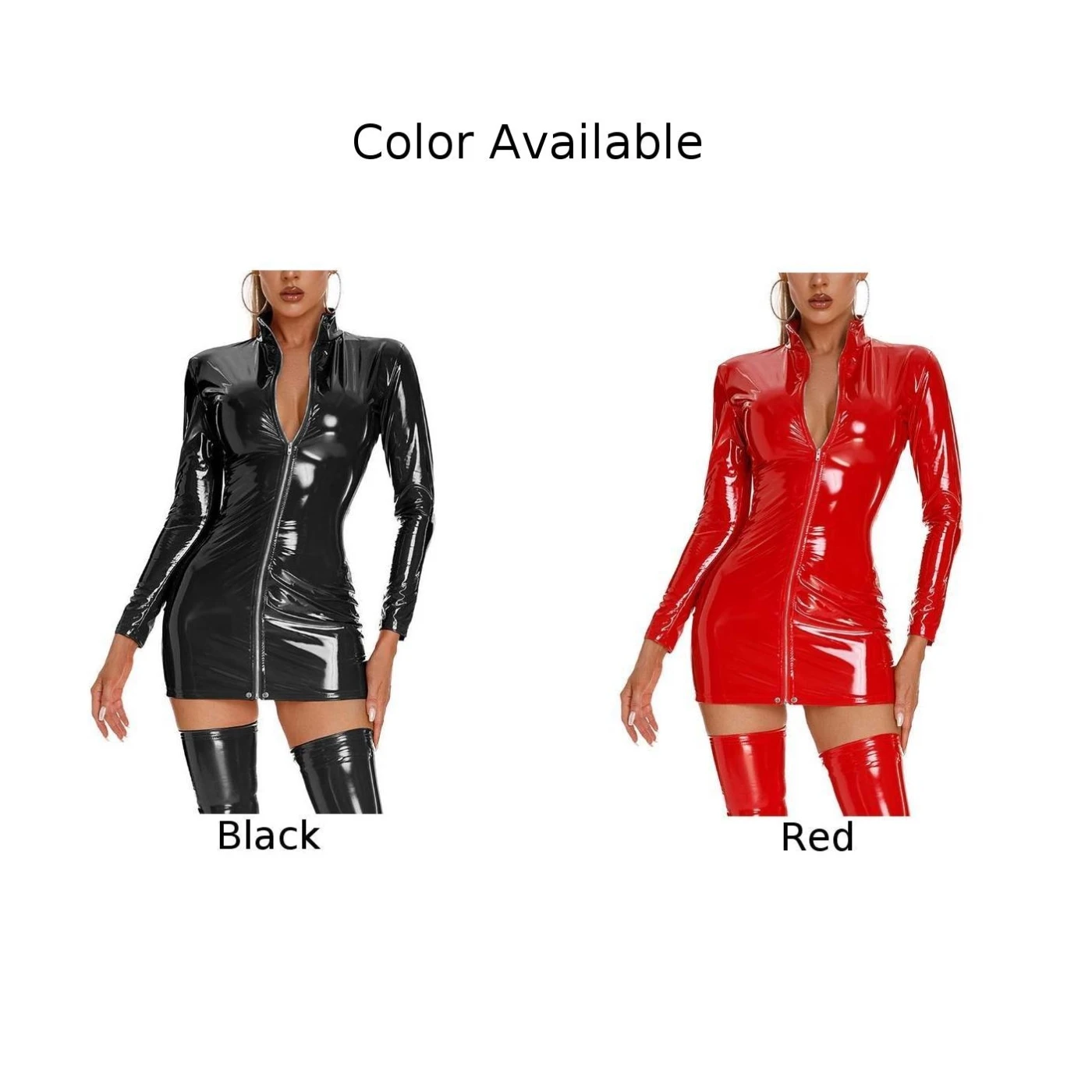 Sexy Women Dress PVC Wet Look Shiny Leather Miniskirt V-neck Long Sleeve Zip-up Bodycon Party Dress Slim Fit Tights Clubwear