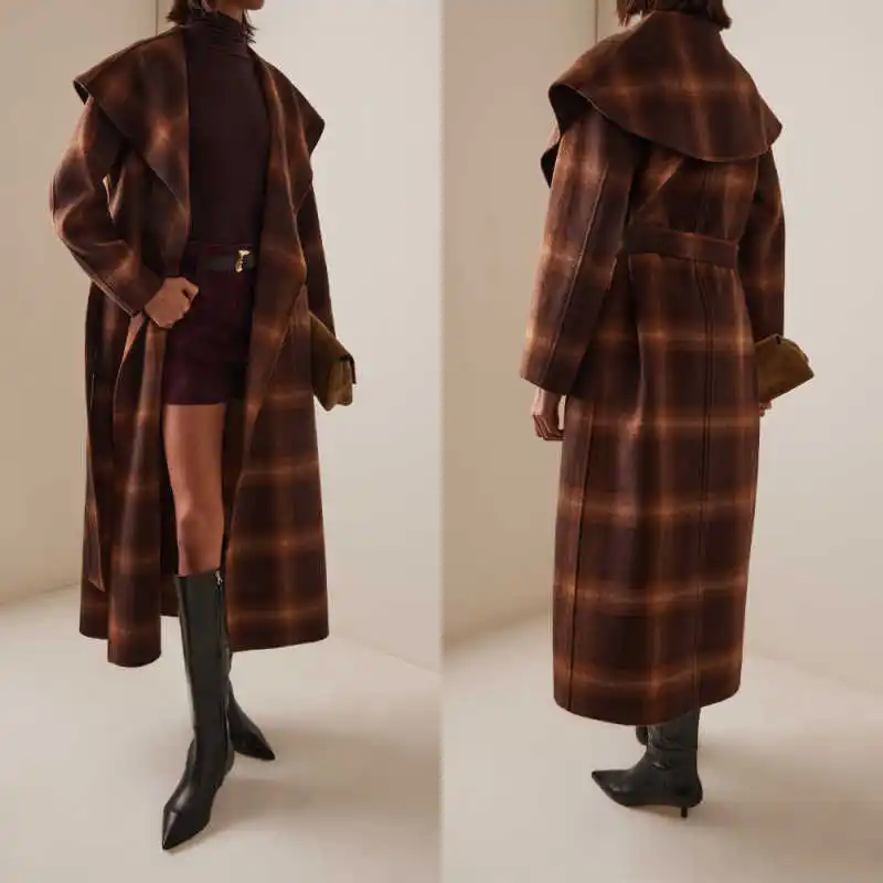 

Vintage Plaid Women Overcoat Single Breasted Long Sleeve Coats Autumn Winter Warm Coat Casual Loose Occasion Customized