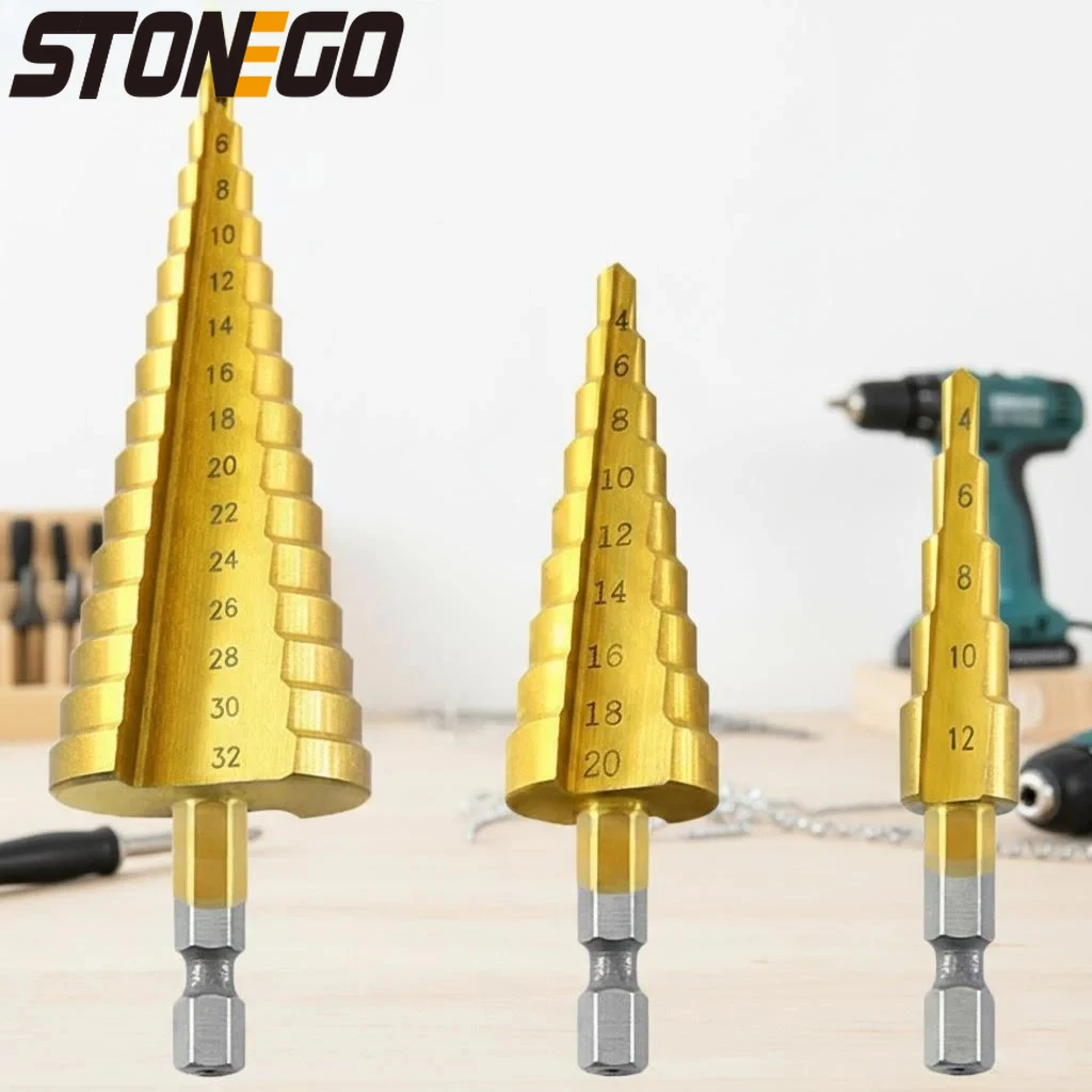 

Титановые ступенчатые сверла с шестигранным хвостовиком для металла, 4-12 мм, 4-20 мм, 4-32 мм, многослойные конические сверла