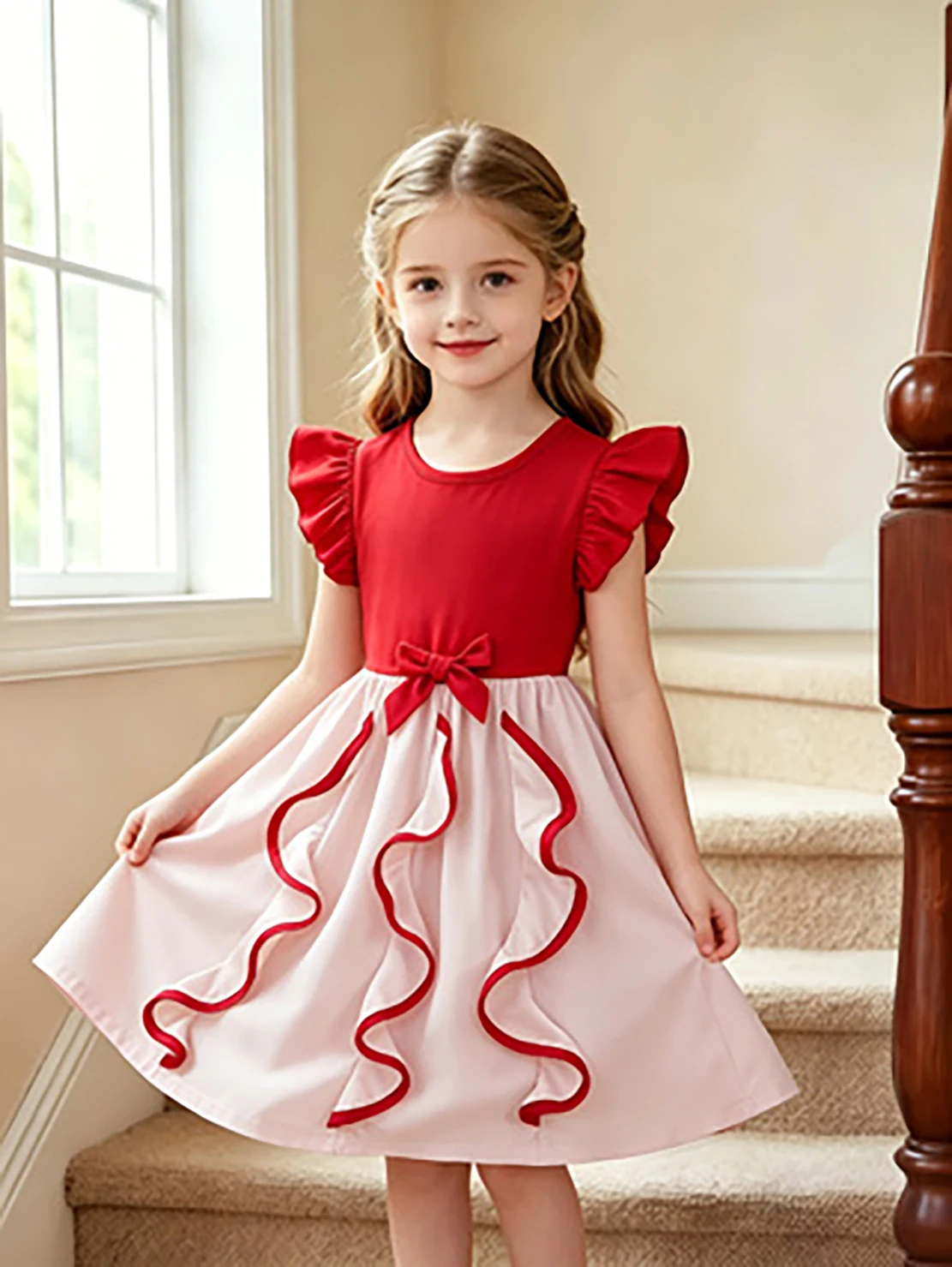 Robe de princesse pour filles, rouge et blanche, à blocs de couleurs, jupe tutu à manches bouffantes et nœud, pour l'été